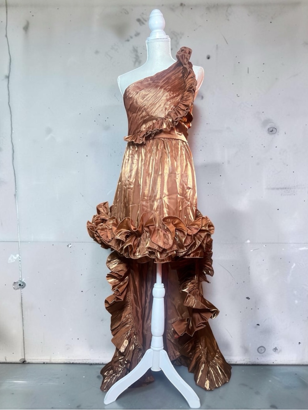 NWT Xpluswear Copper Metallic One Shoulder High Low Ruffle Gown XL Formal Dress